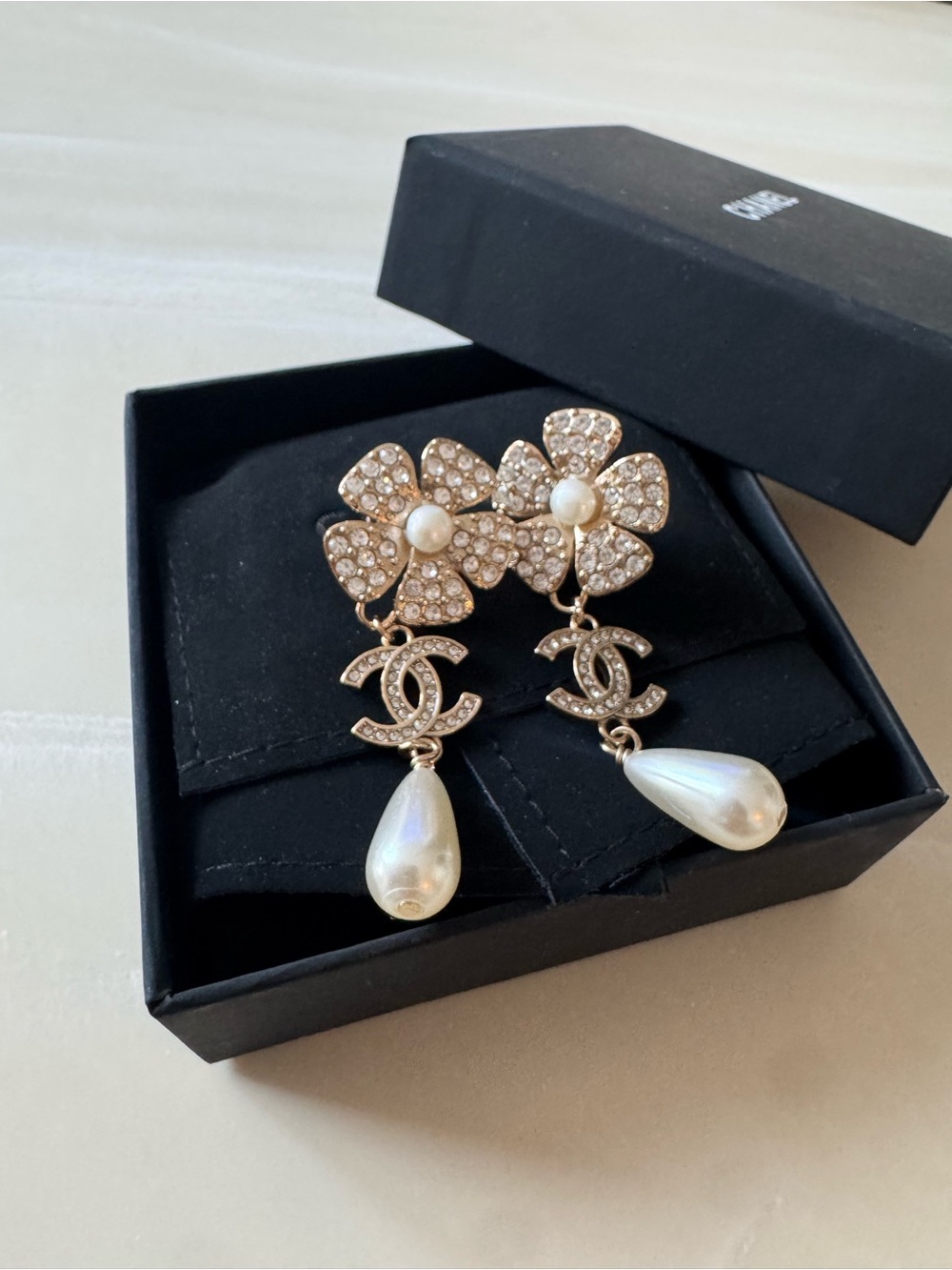 CHANEL Gold Crystal Flower Drop Earrings with Pearl Teardrops